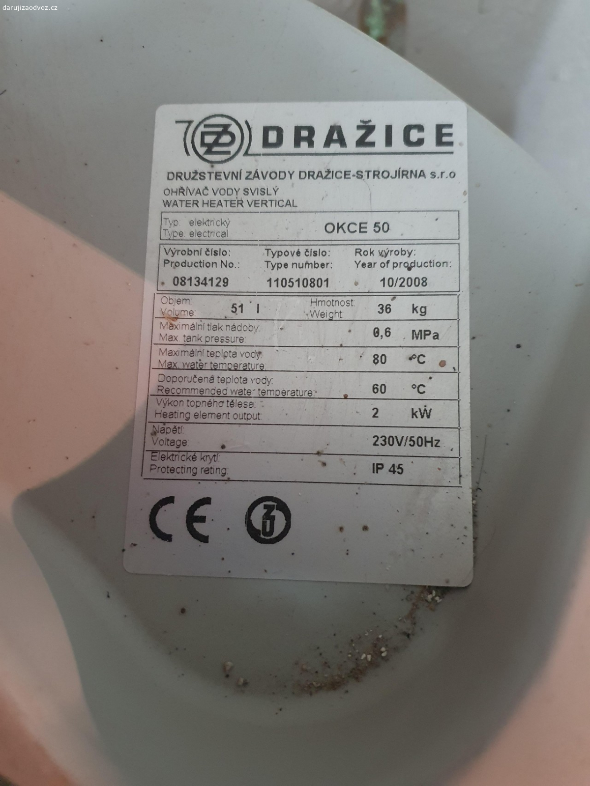 Boiler 50L. Boiler Dražice 50l.  V provozu cca 3 měsíce, pak leží několik let ve sklepu.