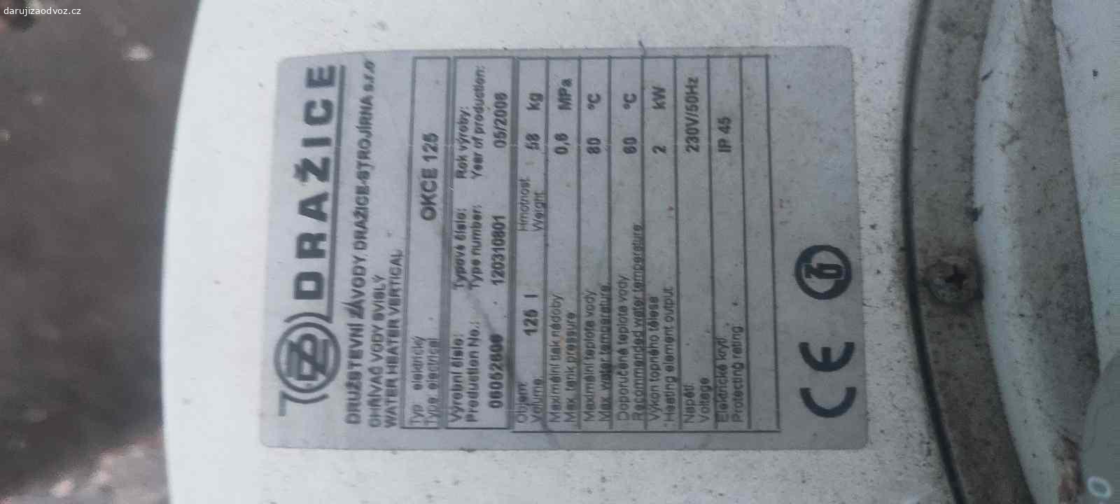Daruji Bojler Dražice 125 L. Použitý bojler, funkční, poškozený závěs. Závěs musel být během demontáže odříznut. Je možno pořídit nový, nebo na starý navařit nové oko.