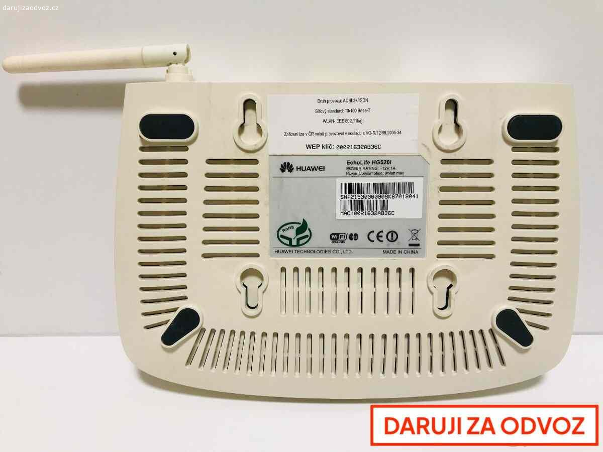 Daruji za odvoz router Huawei Echolife HG520i. Daruji za odvoz použitý router Wifi ADSL modem a router Huawei Echolife HG520i, bez nabíječky a kabeláže

Prosím SMS nebo telefon, k mailu se dostanu zřídka.