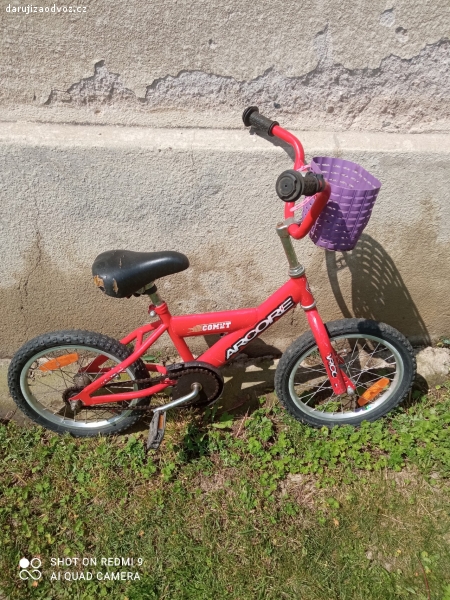 Dětské kolo. daruji za odvoz dětské kolo červené s košíčkem s princeznami 
stav viz fotky (prázdná kolo, rez)
velikost odhadem 3-5 let