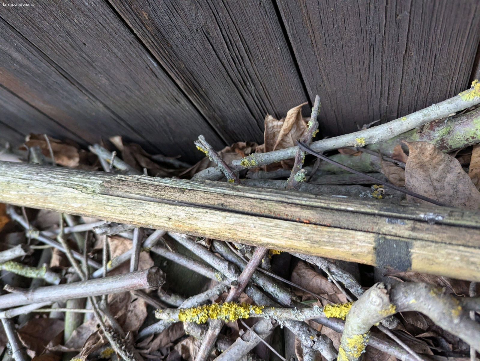 Kajak laminát. Bývalí nájemníci chaty nám nechali kajak s pádlem. Roky ležel na střeše. Není v dobrém stavu, vhodný asi už jen k dekoraci.