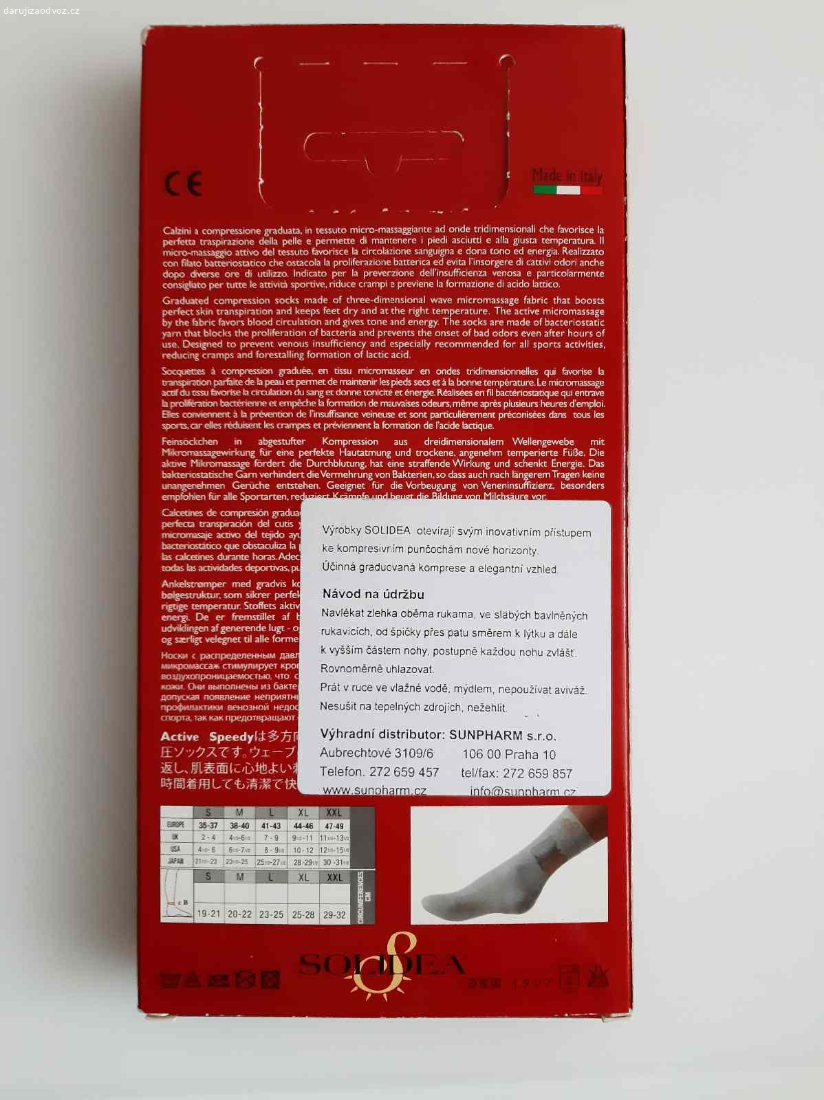 Kompresní ponožky Solidea, vel. M. Daruji unisex kompresní ponožky značky Solidea, velikost M. Jsou určeny pro obvod nad kotníkem 20 - 22 cm. Nenošené, pouze vyzkoušené.
Předání Praha, Karlovo náměstí, vedle prodejny Albert, mezi 18:00 a 20:00.