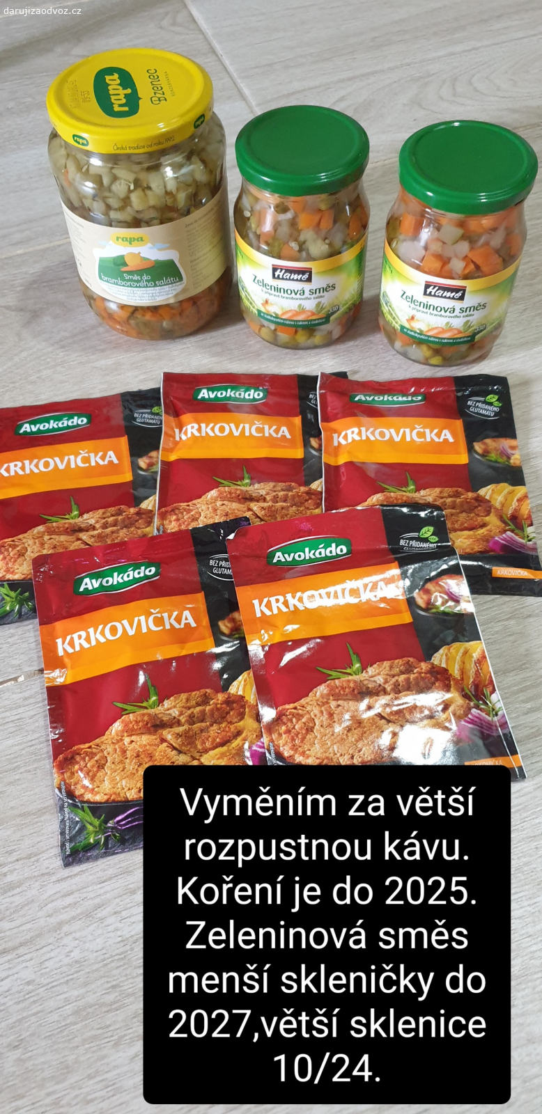 Koření a směs do brambor.salátu.. Vyměním za větší rozpustnou kávu.
Osobní převzetí v Ostrém Kameni.