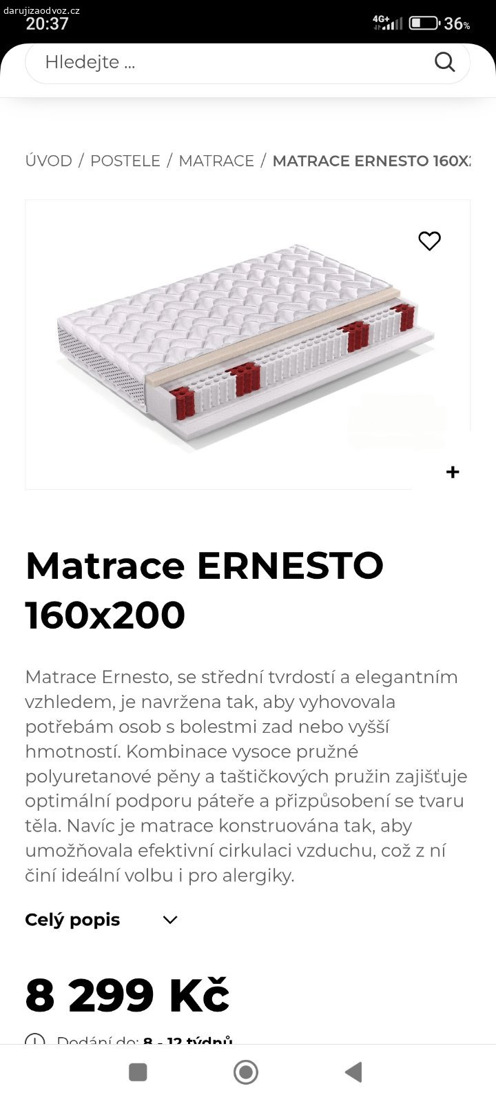 Matrace Ernesto 160x200*22 cm. Daruji matraci Ernesto kupovaná na eshopu lumax 
Matrace je pružinová čtyři roky stará pravidelně otáčená 160x200x22 cm proležová není myslím si že ještě by někomu použil akorát není úplně to prostě třeba se podívat na fotky
Bydlím v Karlových Varech u nemocnice