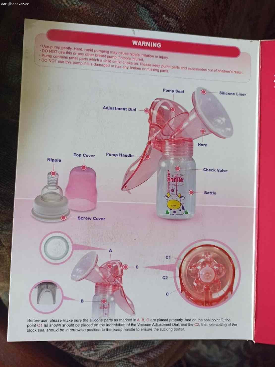 daruji-Odsávačka mateřs. mléka páková-zn.Farlin. daruji - Sada k odsávání mateřského mléka ruční páková zn.Farlin. - co je na fotkách