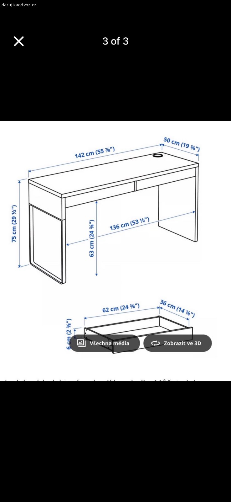 Psací stůl IKEA MICKE. Psací stůl IKEA MICKE

Daruji psací stůl IKEA MICKE. Stůl je funkční, vhodný do pracovny, studentského pokoje nebo dětského pokoje. Má praktické zásuvky a jednoduchý moderní design.

Stav: používaný, na horní desce jsou viditelné škrábance/opotřebení (viz popis), jinak plně funkční.

Rozměry: viz foto 
Pouze osobní odběr.