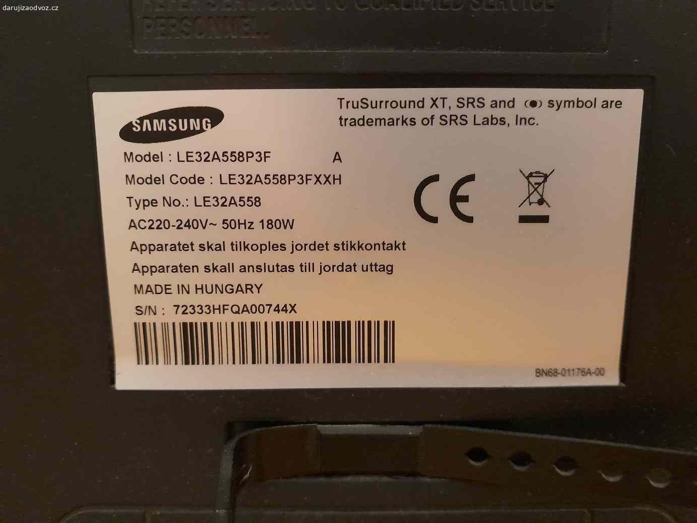 Televize Samsung. Daruji za odvoz funkční TV Samsung (typ viz. foto štítku). Napájecí kabel součástí. Bez dálkového ovladače. Pouze osobní odběr Damníkov.