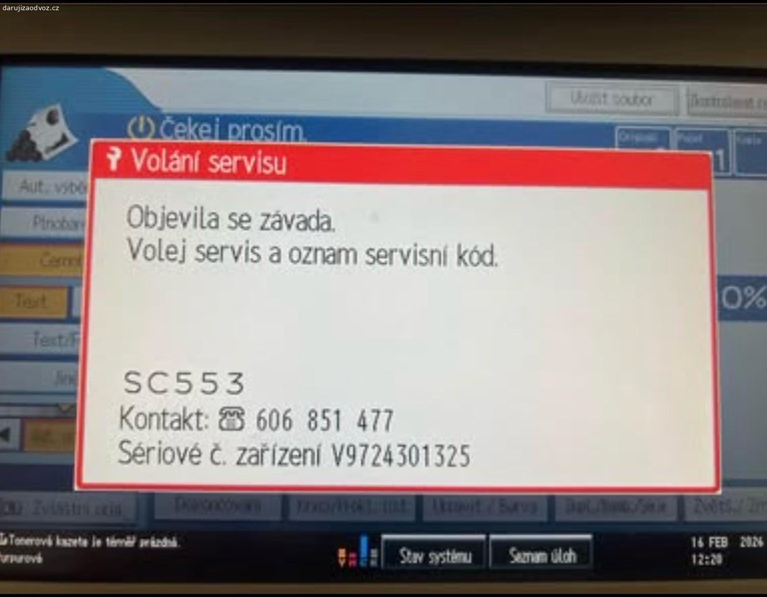 tiskárna. Za odvoz Ricoh Aficio MP C2051.
Zobrazuje servisní chybu SC553 (fixační jednotka – zahřívání).
Vhodné na opravu nebo na náhradní díly.
Stav odpovídá stáří.