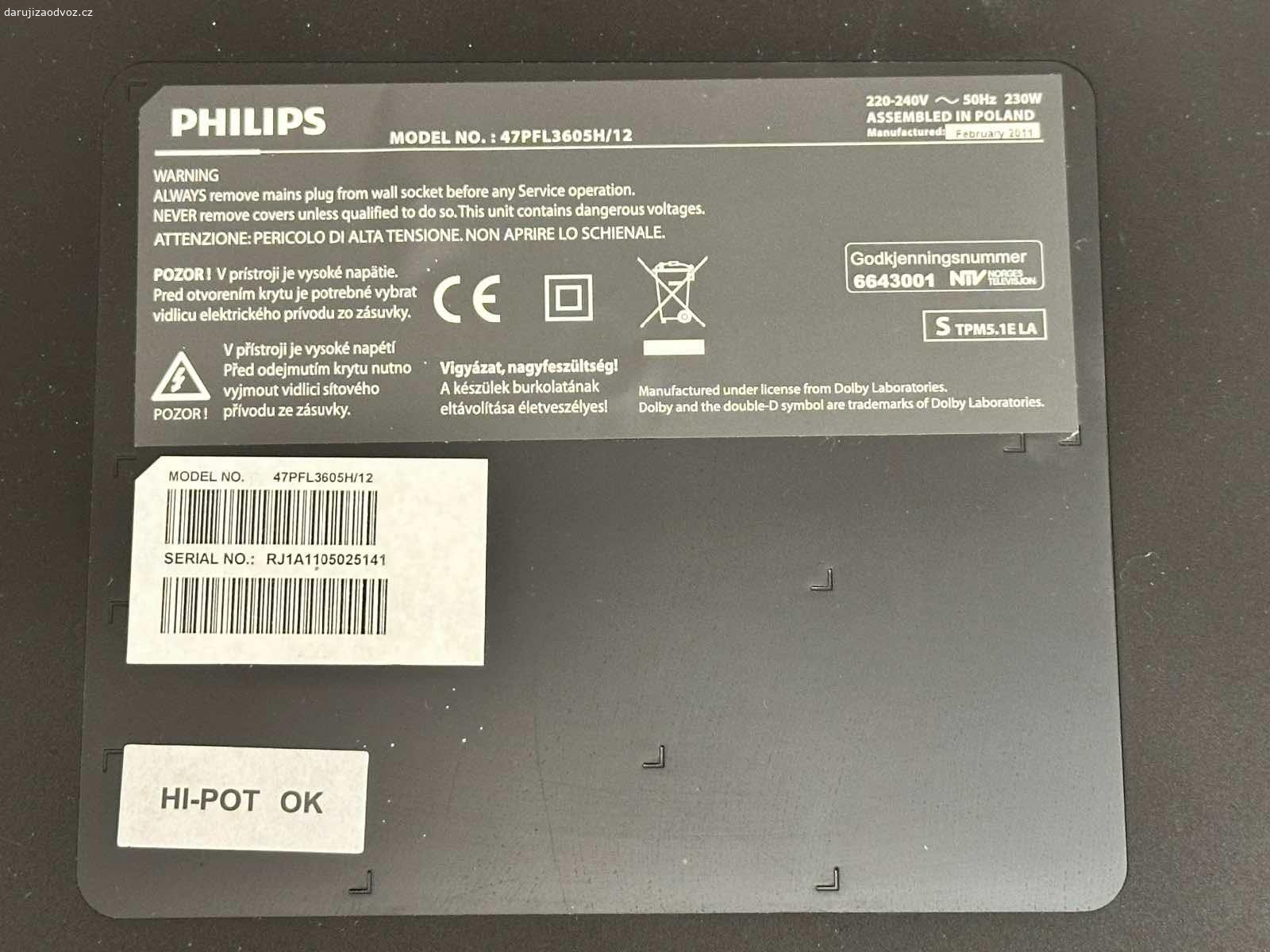 TV Philips 130cm. Funkční TV Philips, úhlopříčka 130cm, uchycení na zeď. Potřeba STB